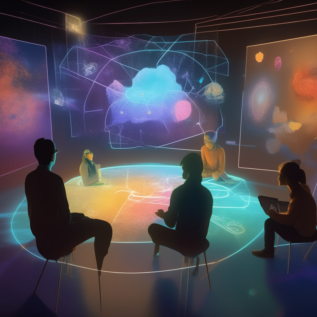 A virtual brainstorming session in progress, as AI and human allies collaborate on storytelling. Holograms of ideas and plot points float in a colorful nebula.