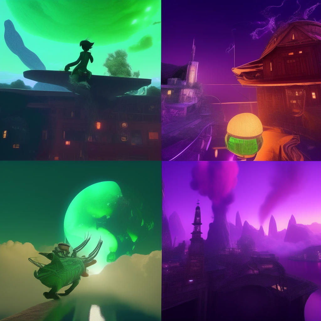 Screenshots from memorable adventures in Ember-Online, including a player's avatar riding a flying creature against a purple and green sky, exploring neon cities, and more.