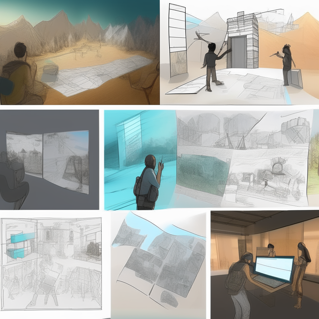 Concept art sketches of landscapes, structures and characters from the virtual world being designed for the Va Program. Papers are pinned to a virtual reality board, with developers contributing ideas represented by avatars.