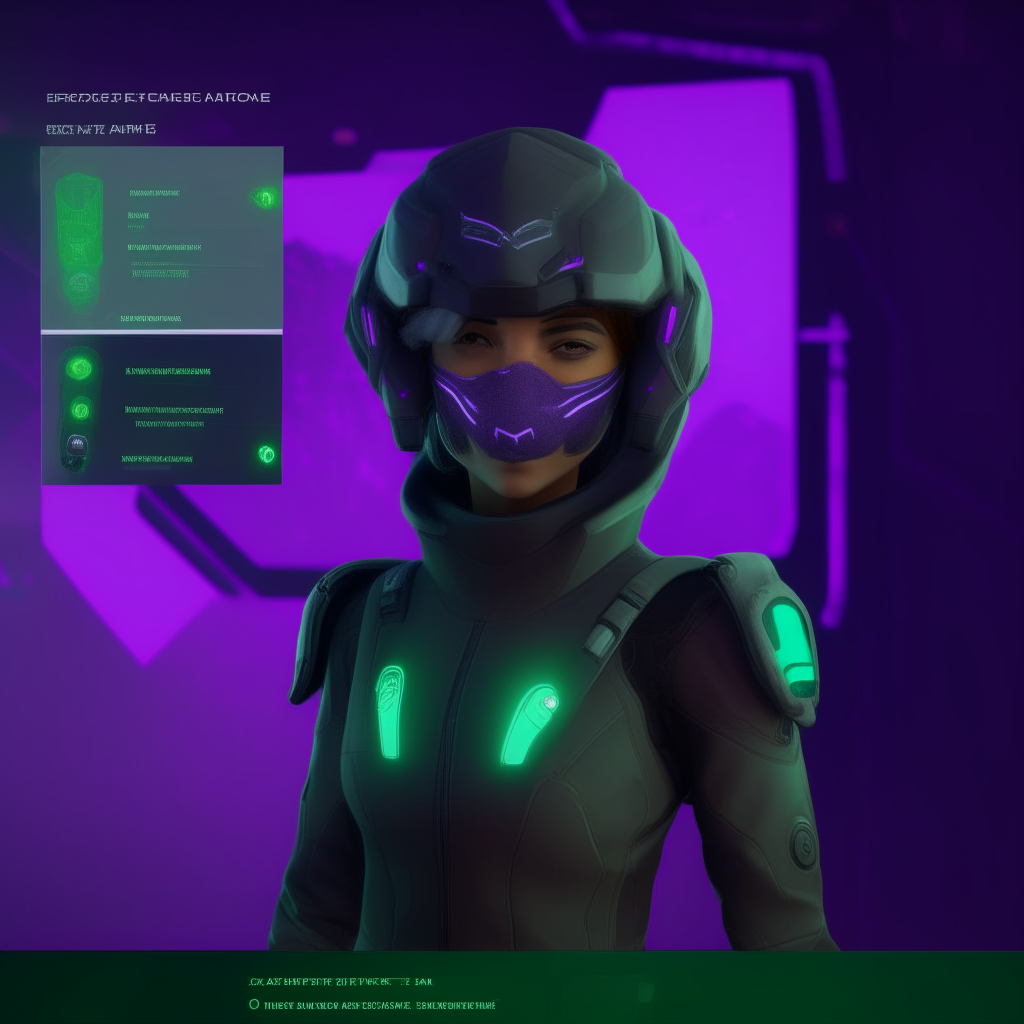 A futuristic character creator interface, showing a player's custom avatar against a purple and green backdrop. The avatar is a humanoid figure wearing a helmet and holding a staff.