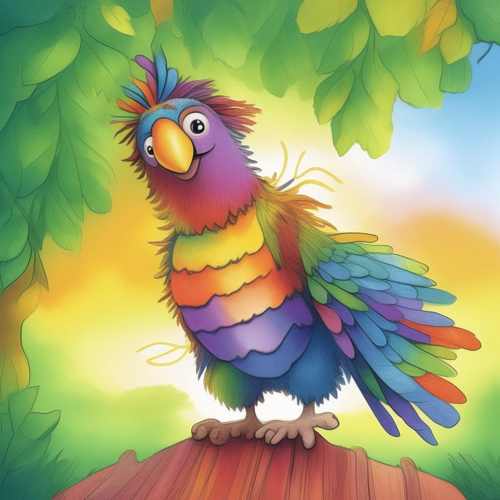 Polly's vibrant feathers shone like a rainbow, and his eyes sparkled with wisdom. Every day, he perched on a tall oak tree near the village school. Children from the village would gather around, eager to hear the enchanting riddles and puzzles Polly had to offer.