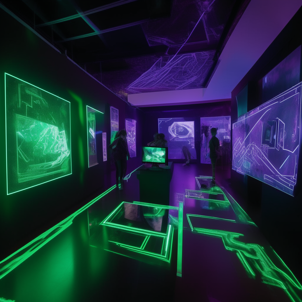 A futuristic gallery space lit with purple and green neon, showcasing digital art, stories, music and more shared by residents of a virtual world. Holograms float on interactive displays around the room.