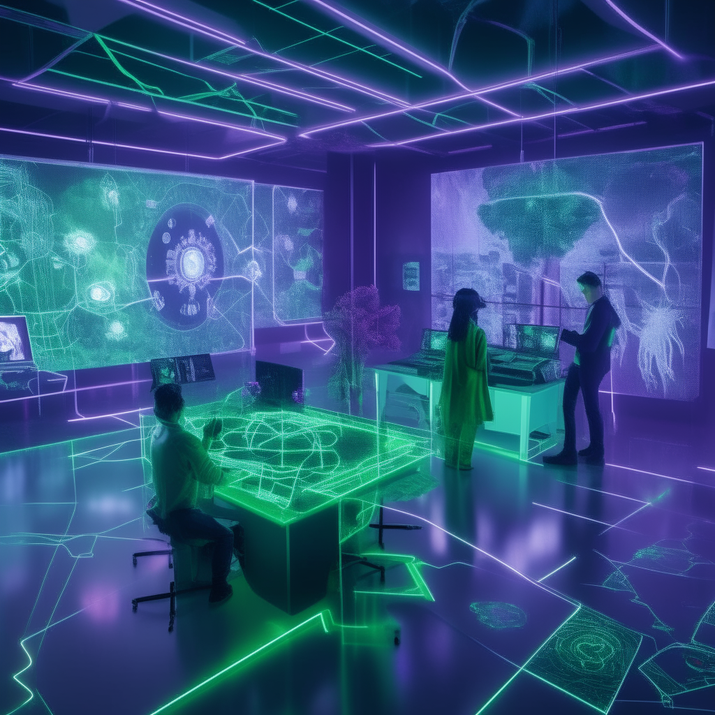 A futuristic laboratory with purple and green illuminated workstations. Researchers are interacting holoprojections of artificial neural networks and algorithms as they conduct experiments.