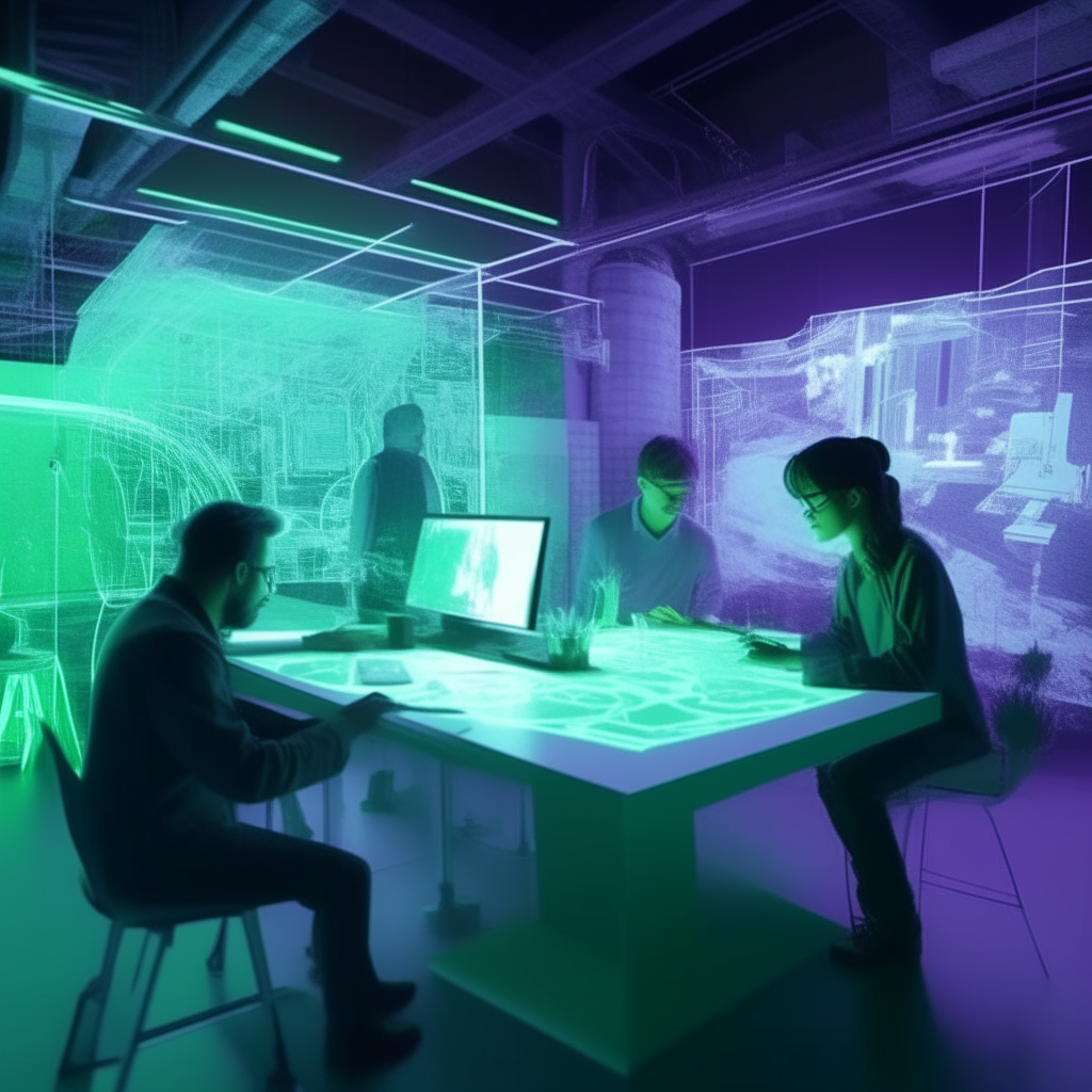 Blueprints and sketches float in a futuristic design studio lit with purple and green light. Architects discuss ideas for fantastical structures and cities through interactive holograms.