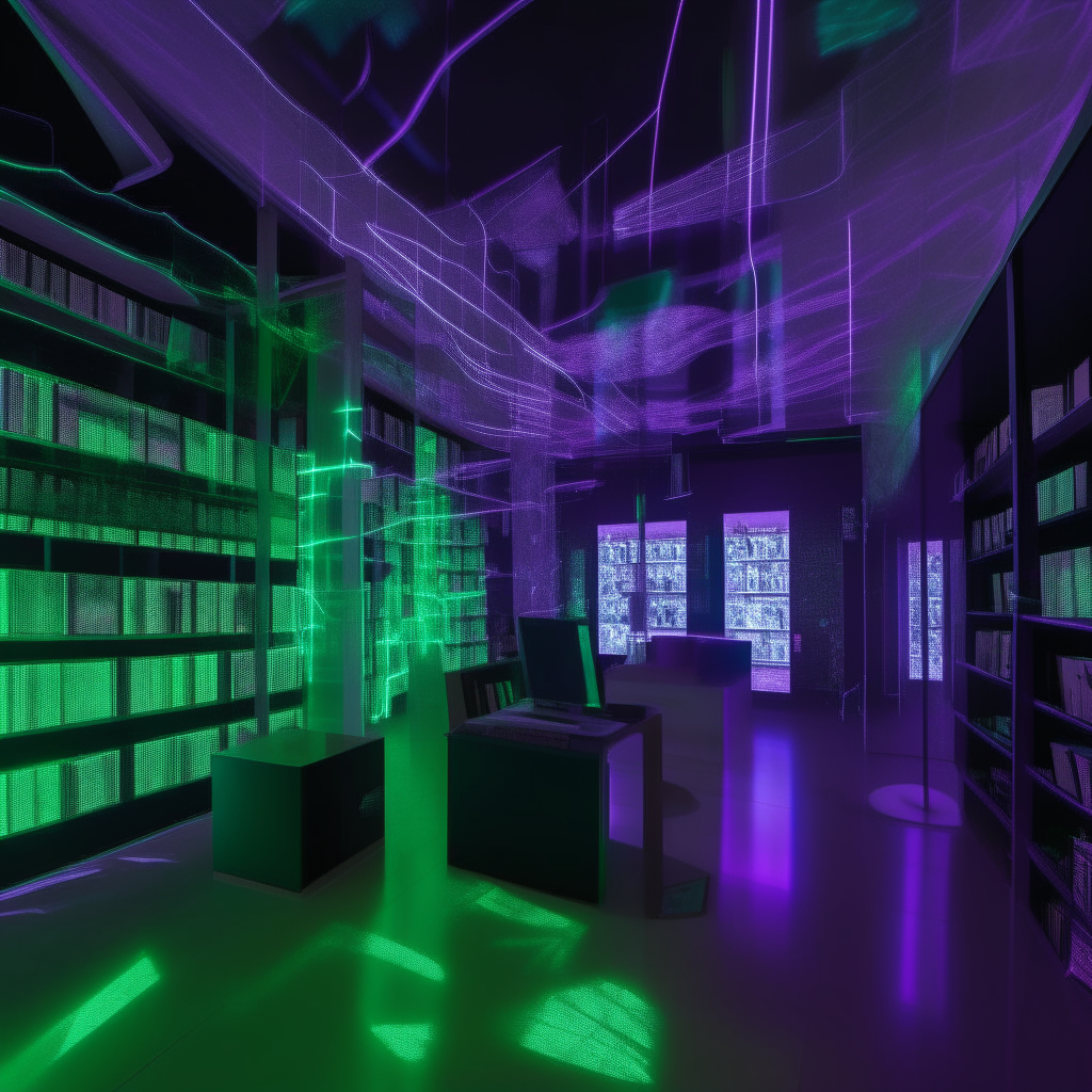 A futuristic library lit with purple and green glows, where residents share ideas and give feedback on works-in-progress. Holograms of open documents float between interactive screens.