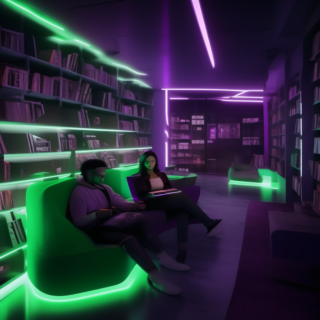 A cozy nook in a futuristic library lit with purple and green glows. Residents relax and converse, holding interactive books and documents.