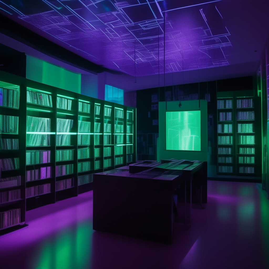 A futuristic digital library displays pages from popular webtoons and graphic novels. Purple and green light illuminates interactive screens where residents read and discuss series.