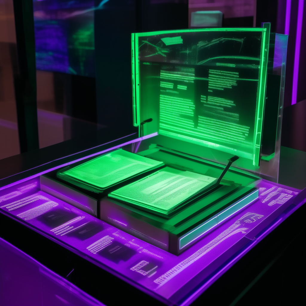 A futuristic book display illuminated with purple and green glows, showcasing digital summaries and reviews of popular stories.