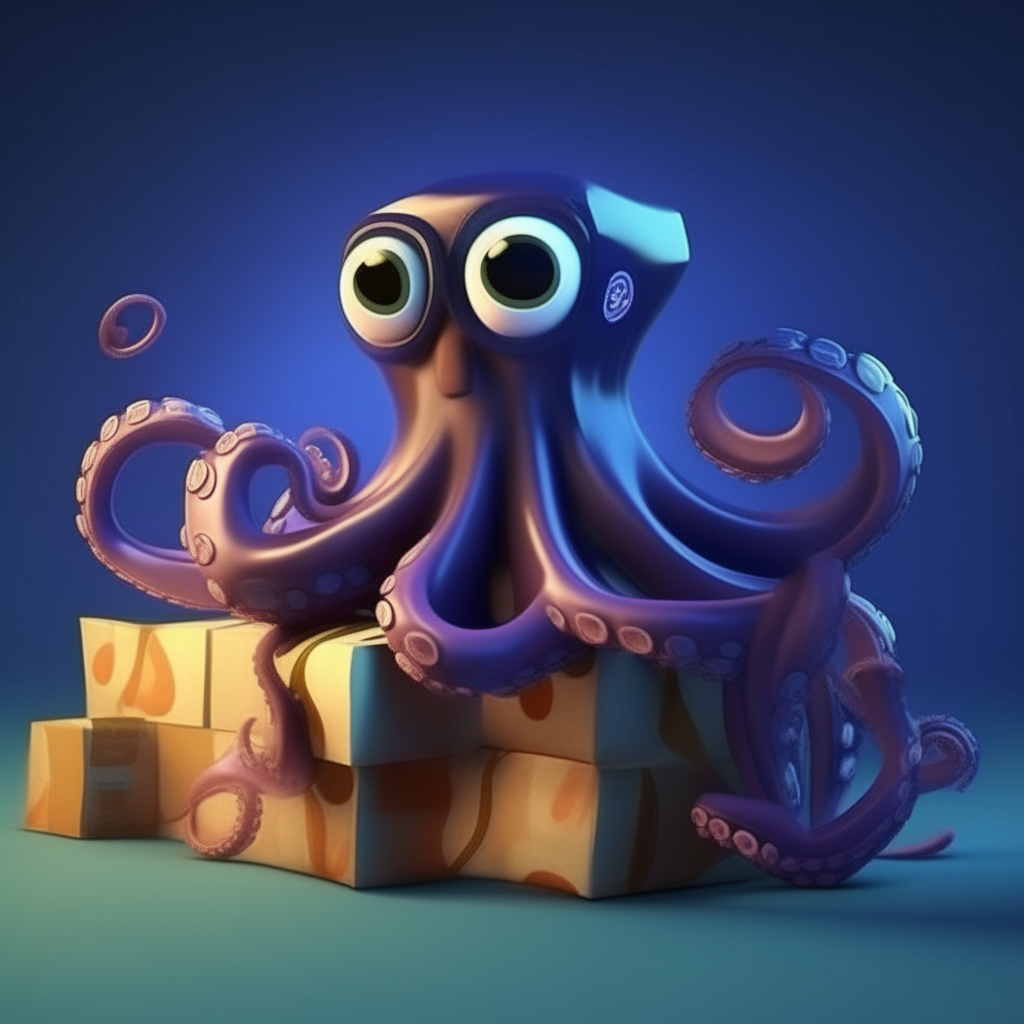 cute, big-eyed octopus holds bags and boxes in tentacles (purchases from an underwater store), tentacles move, bags and boxes move together with tentacles
subsurface light scattering of the octopus body, 3-d cartoon, Pixar style