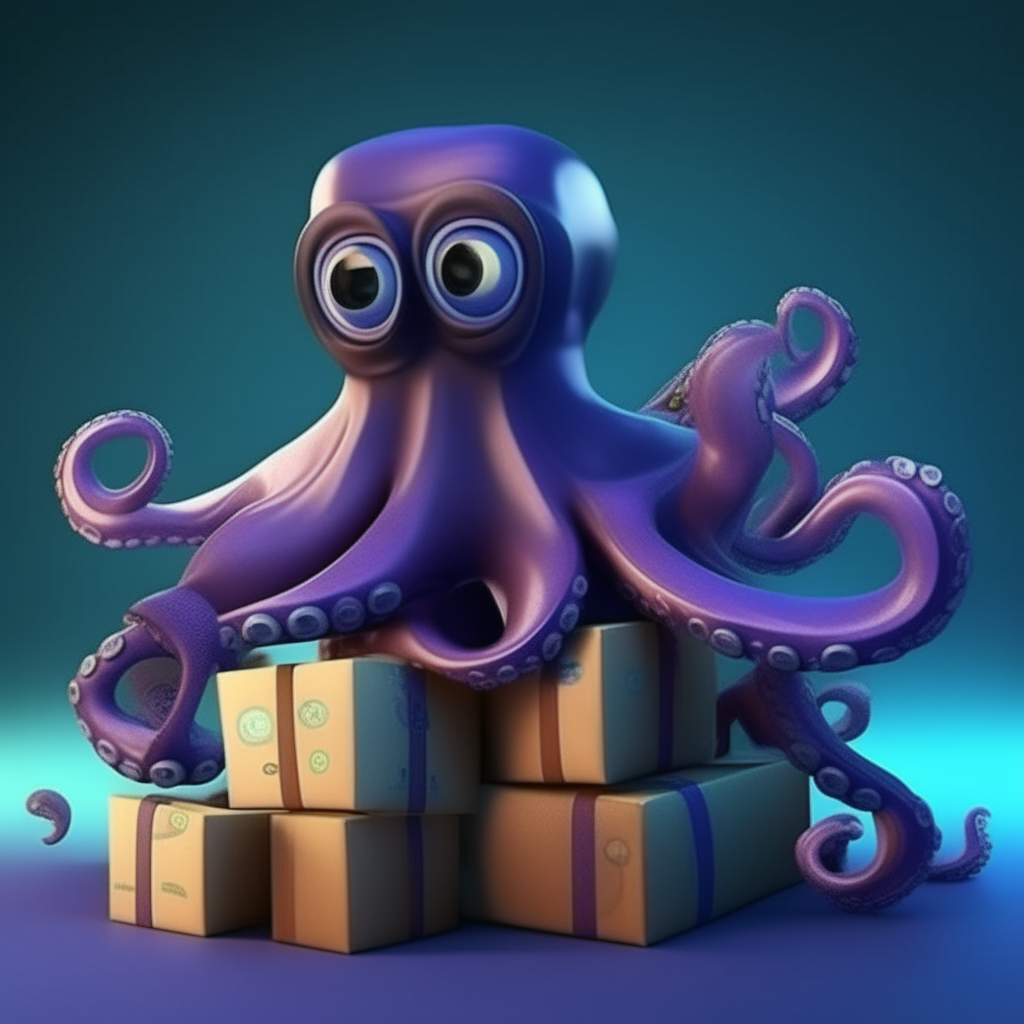 cute, big-eyed octopus holds bags and boxes in tentacles (purchases from an underwater store), tentacles move, bags and boxes move together with tentacles
subsurface light scattering of the octopus body, 3-d cartoon, Pixar style