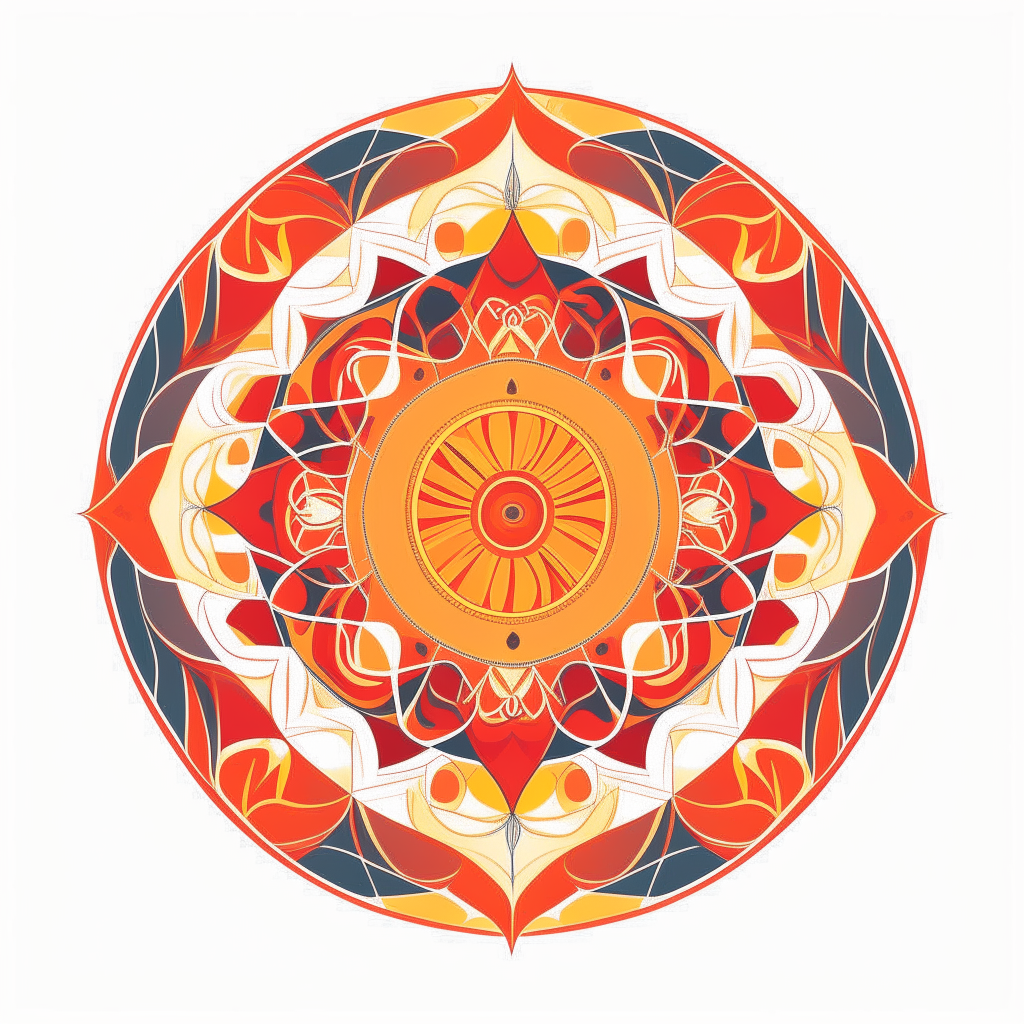 A circular logo with a complex geometric pattern in the style of a mandala, featuring interlocking shapes and symmetrical motifs in shades of orange, yellow and red against a white background