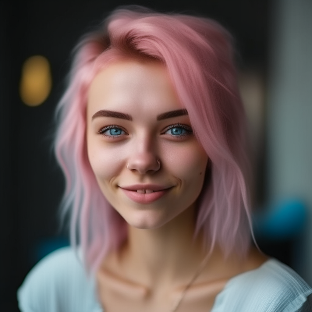 portrait of a beautiful 20-year-old Slavic woman with light blue eyes, dyed pink hair and a gentle smile