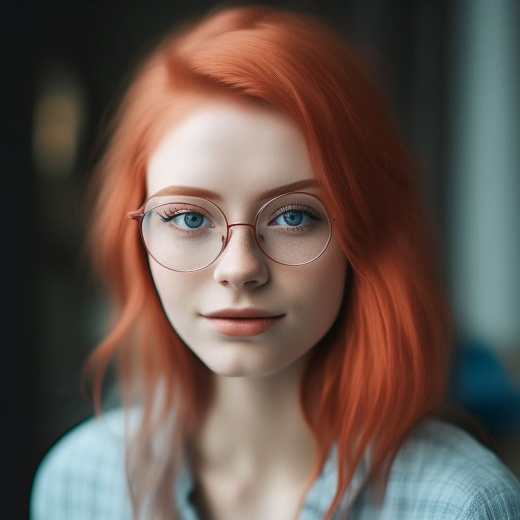 portrait of a beautiful 20-year-old Slavic woman with light blue eyes, dyed red hair and glasses with a gentle smile