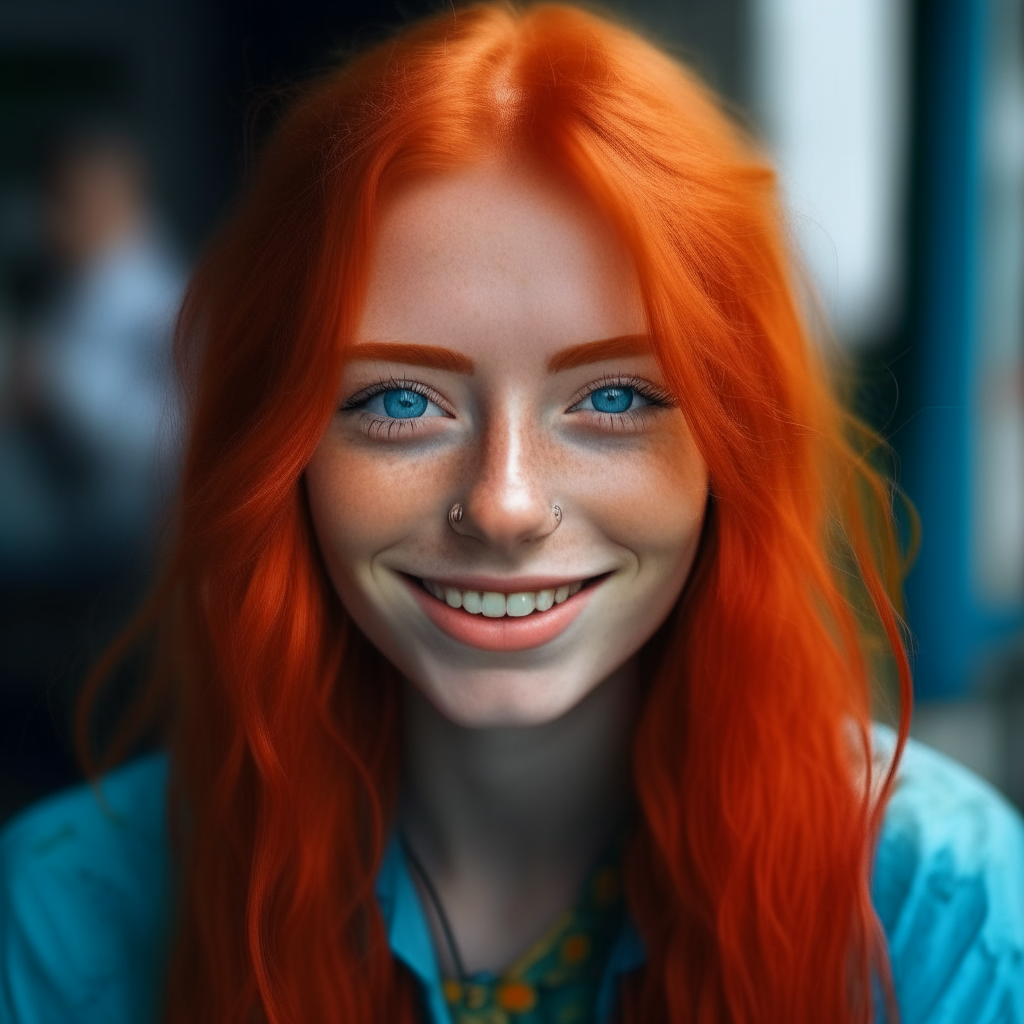 portrait of a beautiful 20-year-old Slavic woman with light blue eyes and brightly dyed fire-engine red hair with a gentle smile