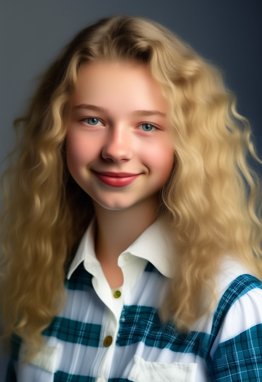 portrait of a beautiful teenage girl with wavy blonde hair and green eyes. She is wearing a white blouse with a blue plaid skirt and smiling warmly.