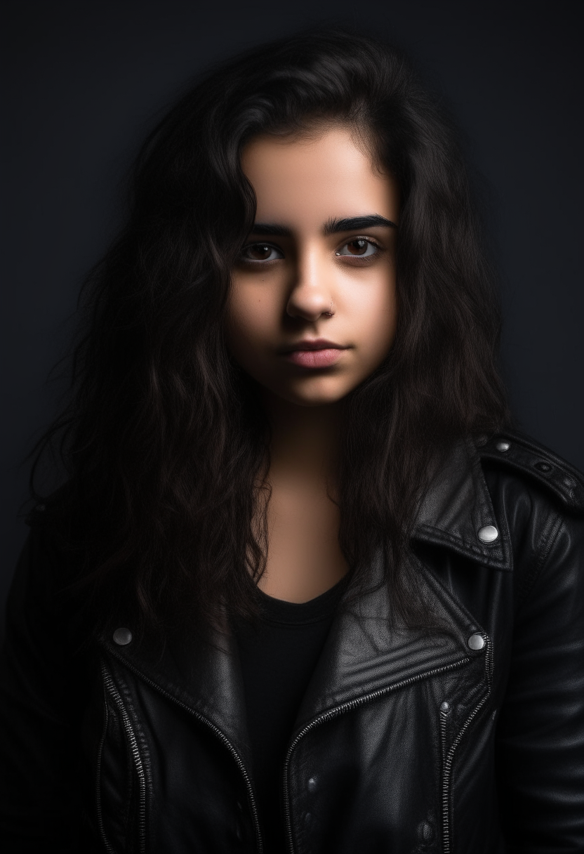 portrait of a beautiful teenage girl with wavy black hair and dark brown eyes. She is wearing a black leather jacket, ripped black jeans and heavy black boots. Her makeup is dark and smoky, and she gazes confidently at the camera with a rebellious expression.