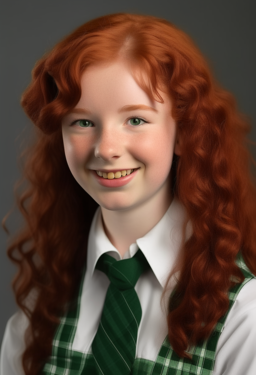 portrait of a cheerful teenage girl with wavy red hair and green eyes. She is wearing the academy uniform of a white blouse and plaid skirt.