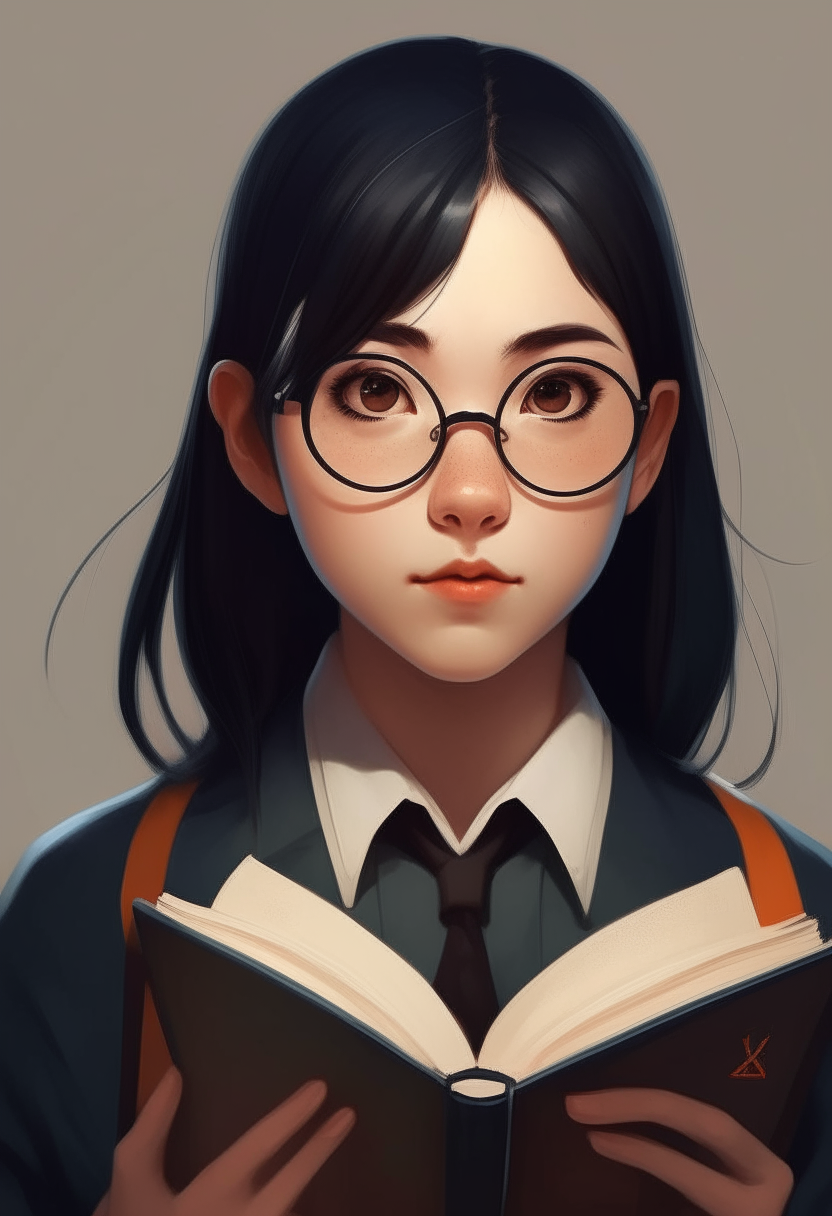 portrait of a studious teenage girl with straight black hair and round glasses. She is wearing the academy uniform and has a book in her hands.