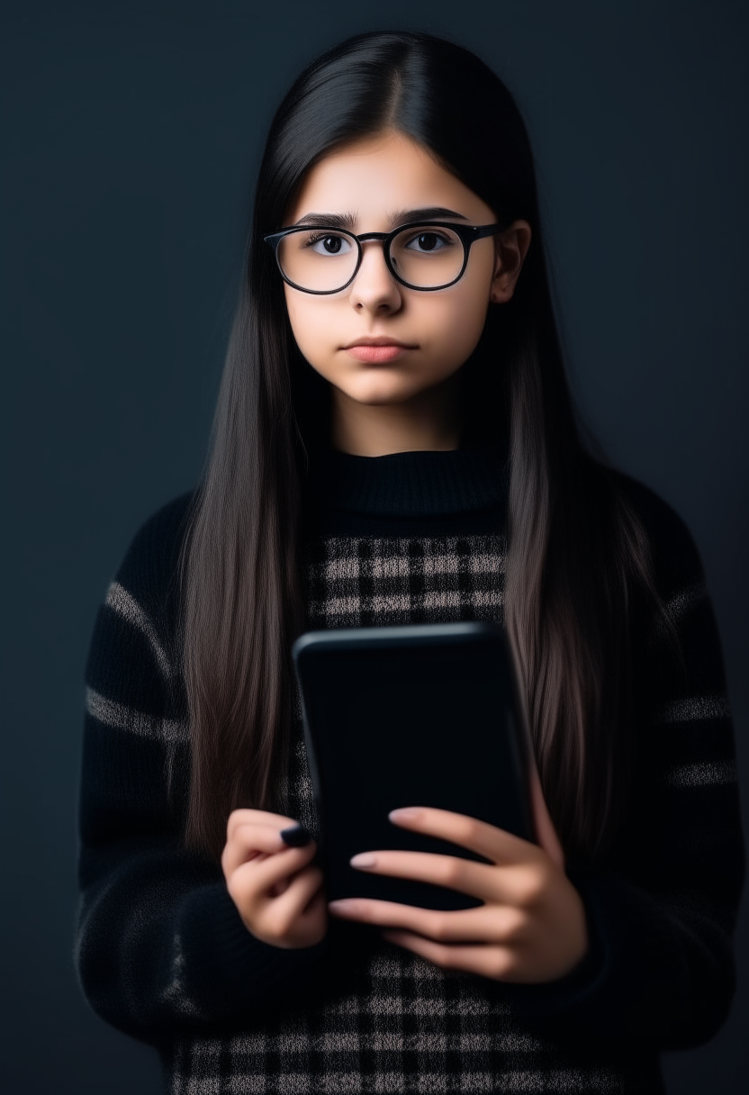portrait of a studious teenage girl with straight black hair and round glasses. She is wearing a black turtleneck, plaid skirt and holding the latest smartphone model.