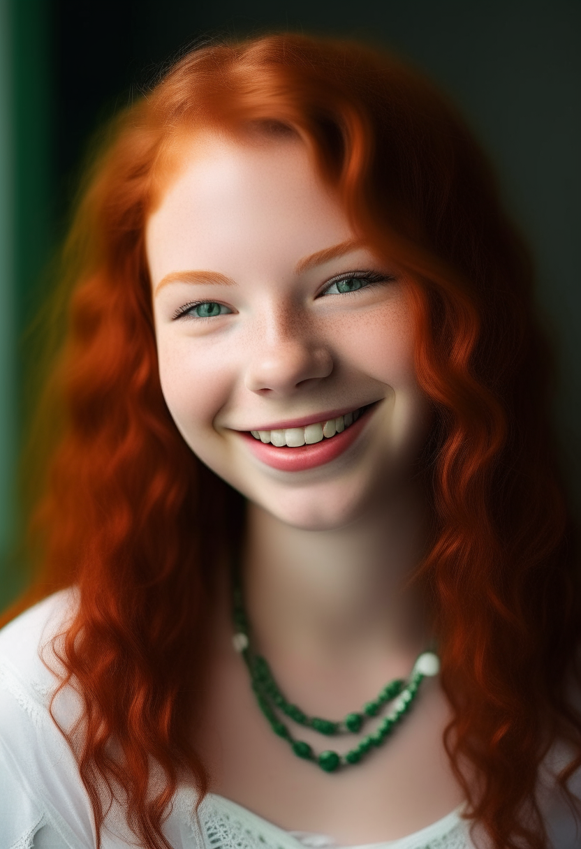 portrait of a cheerful teenage girl with wavy red hair, green eyes and a bright smile. She is wearing a white off-the-shoulder top with a stylish necklace.