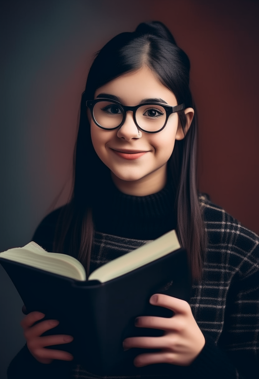 portrait of a studious teenage girl with straight black hair and round glasses. She is wearing a black turtleneck and plaid skirt, smiling shyly with a book in her hands.