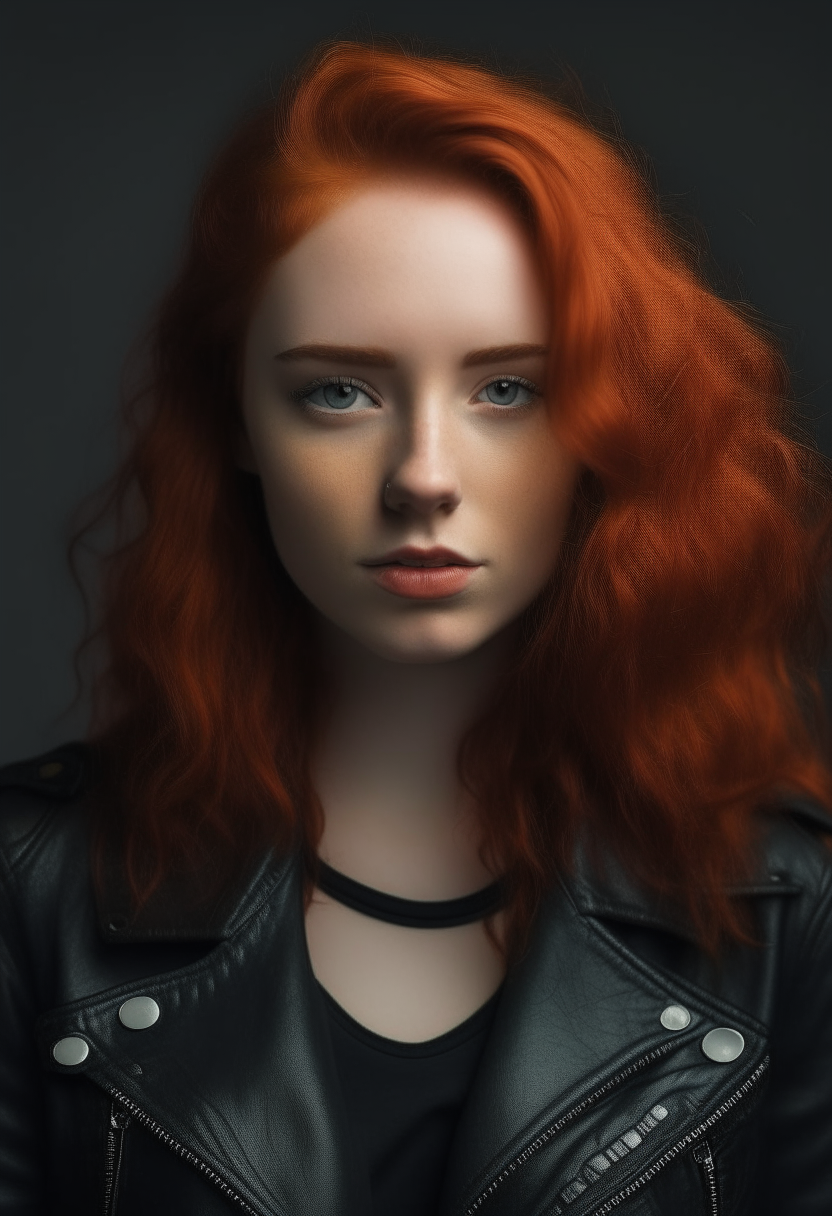 portrait of a girl with wavy red hair, dark eye makeup and a leather jacket. She smirks confidently at the camera.