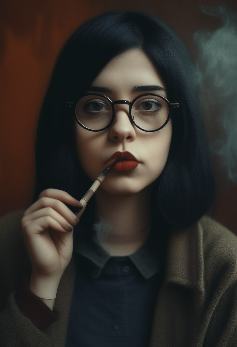 portrait of a studious girl with straight black hair, round glasses and ripped tights. She gazes moodily with a cigarette in hand.