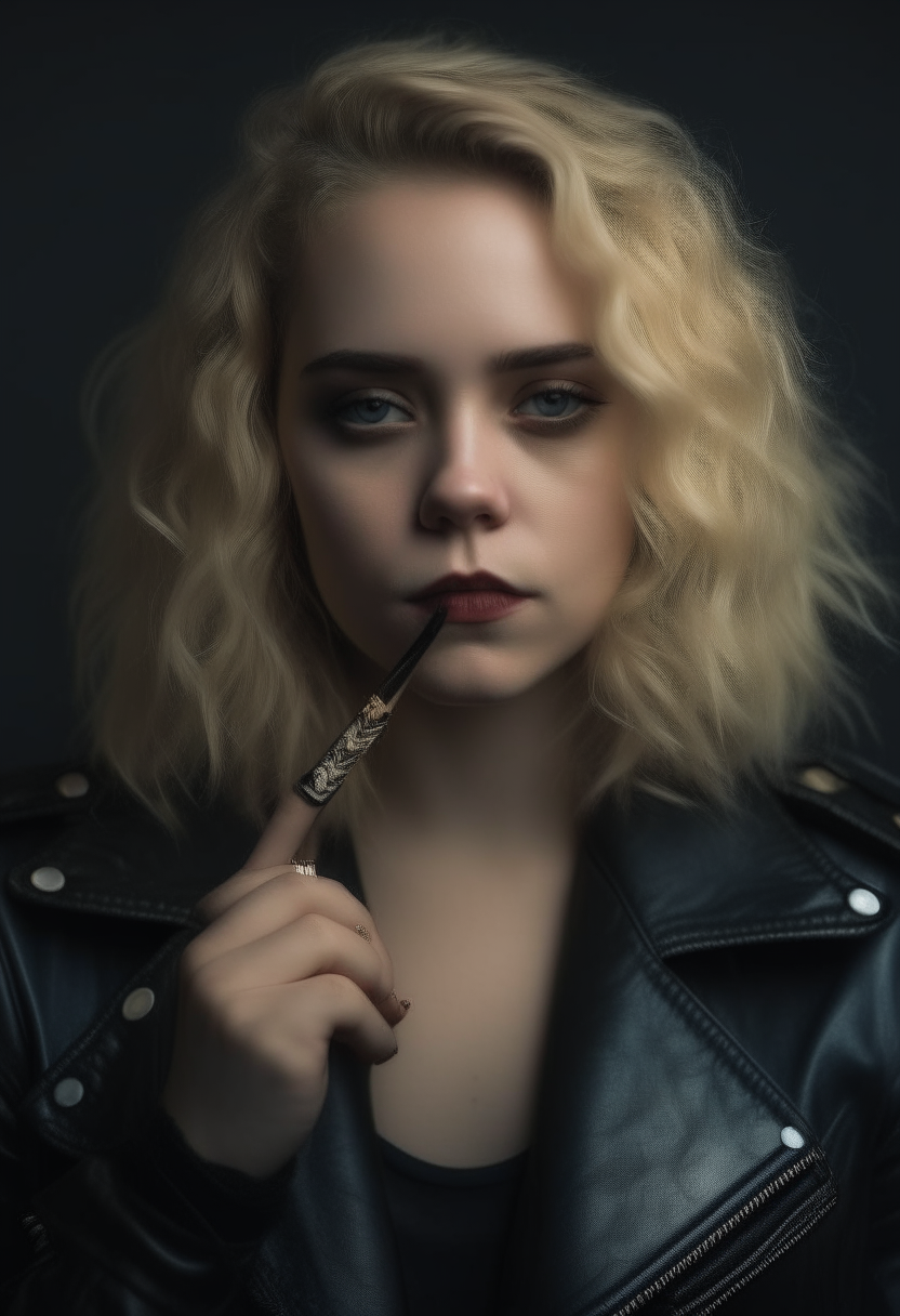 portrait of a girl with wavy blond hair, dark eyeliner and a leather jacket. She gazes confidently with a cigarette between her fingers.