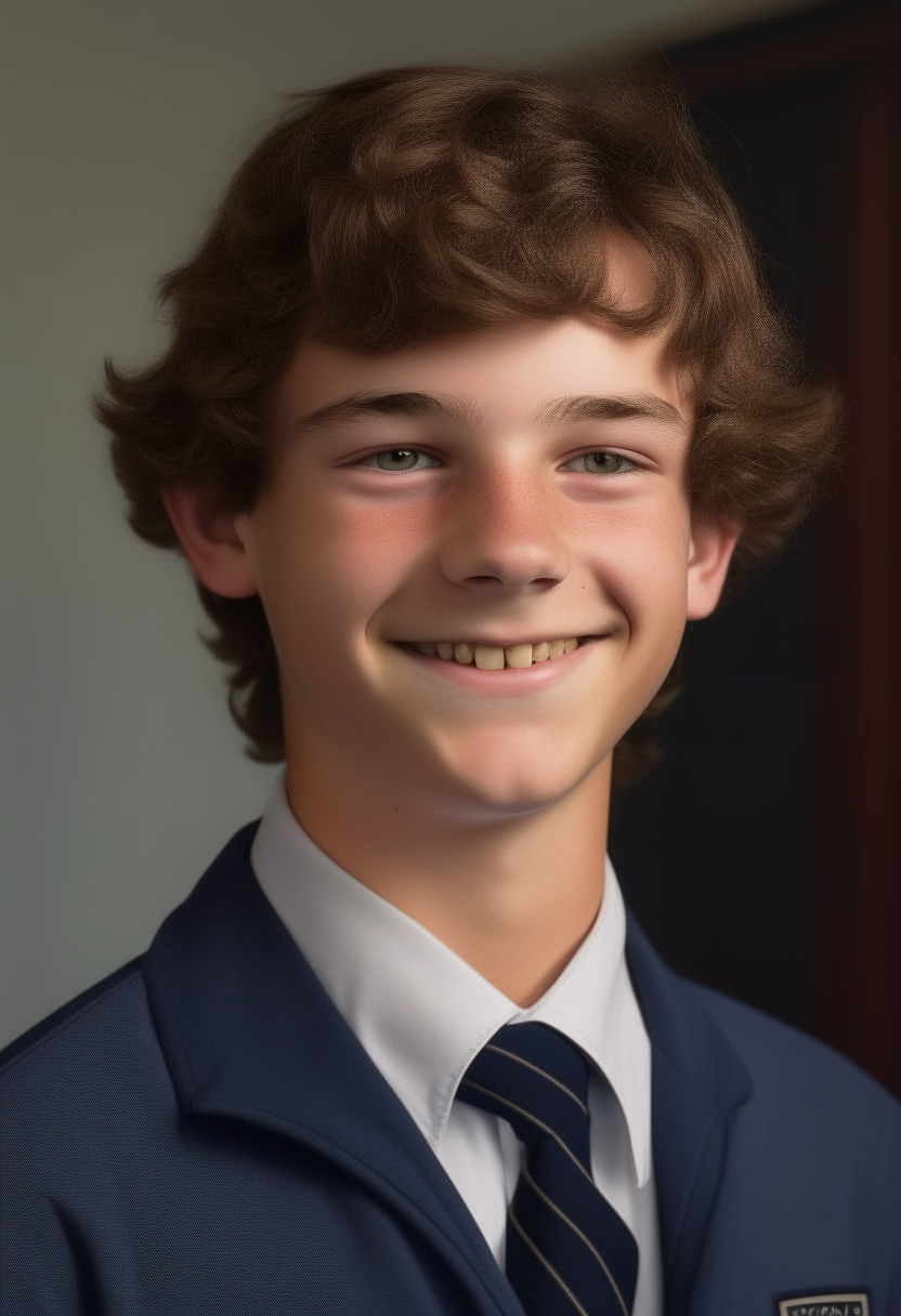 portrait of a teenage boy with wavy brown hair and blue eyes. He has a charming smile and is wearing the academy uniform.