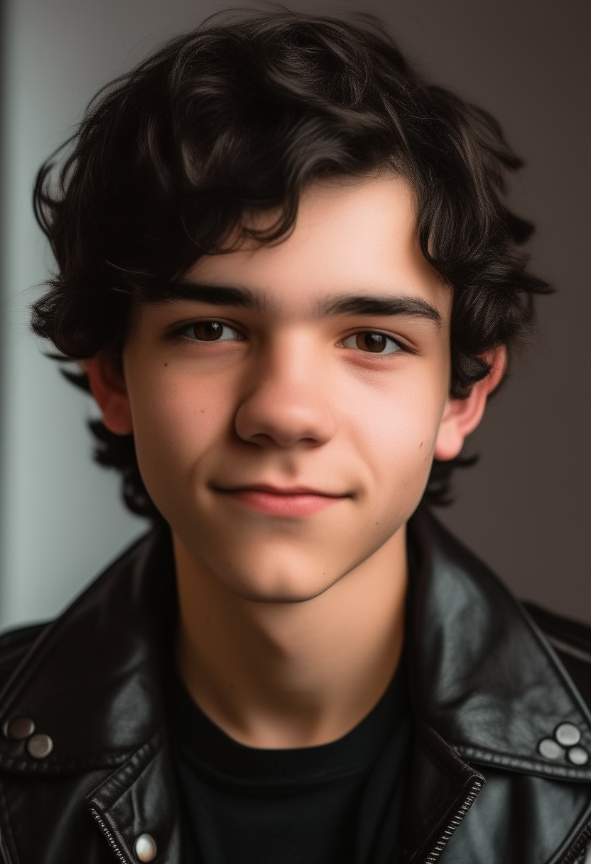 portrait of a teenage boy with wavy black hair, stubble and piercing eyes. He wears a leather jacket and smirks confidently.