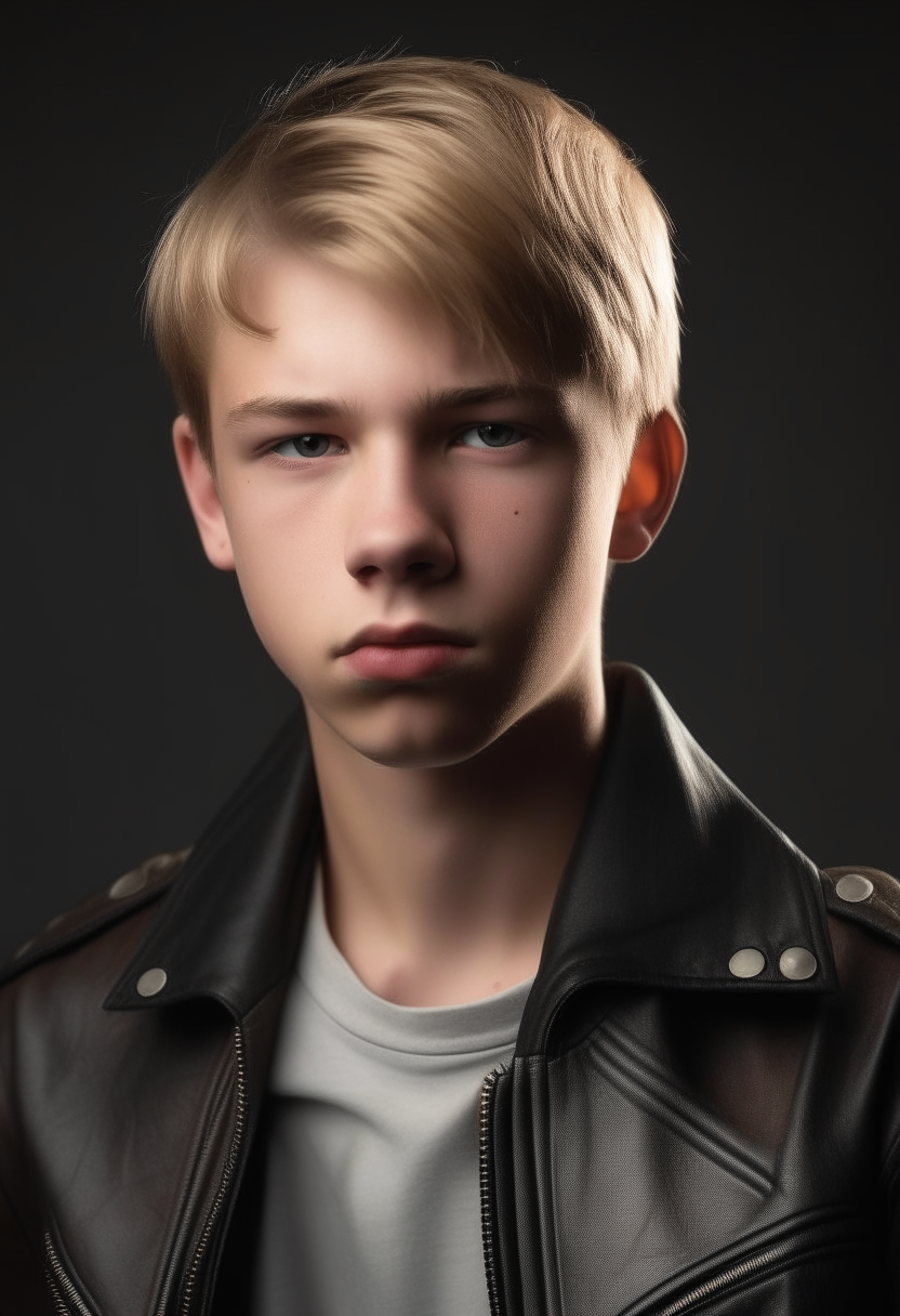 portrait of an athletic teenage boy with short blond hair and a serious expression. He wears a leather jacket and ripped jeans, gazing moodily at the camera.