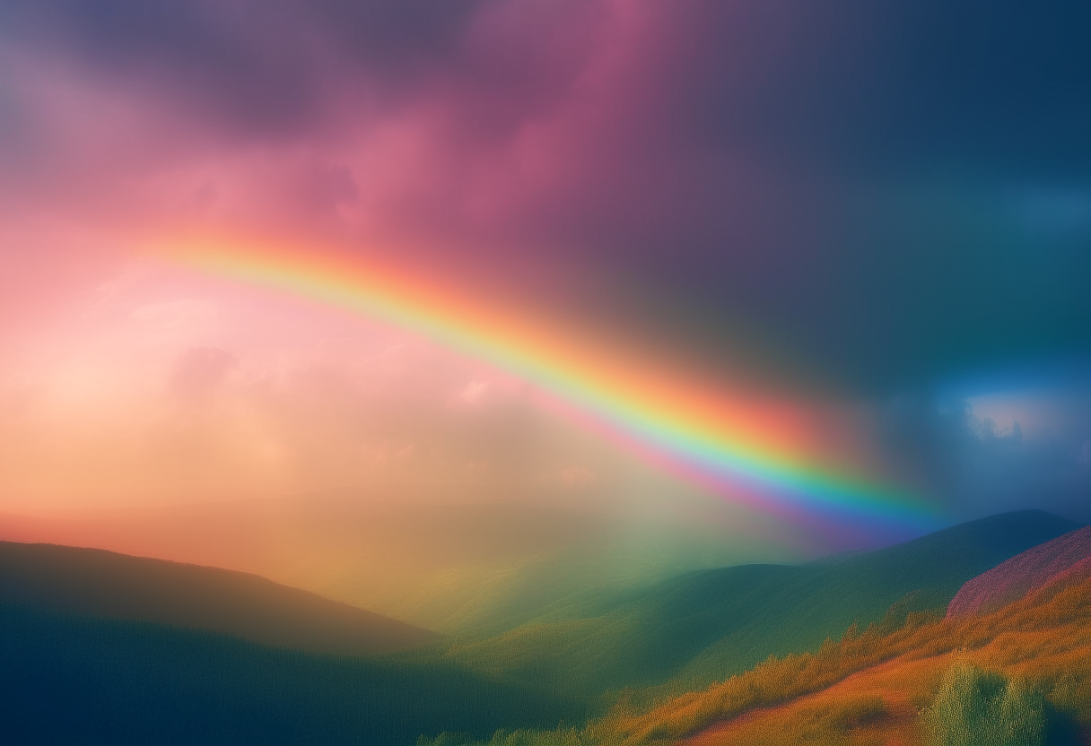 A cinematic view of a heavenly landscape at dusk, with light refracting through the sky in rainbow gradients casting spectral hues over hills and clouds.