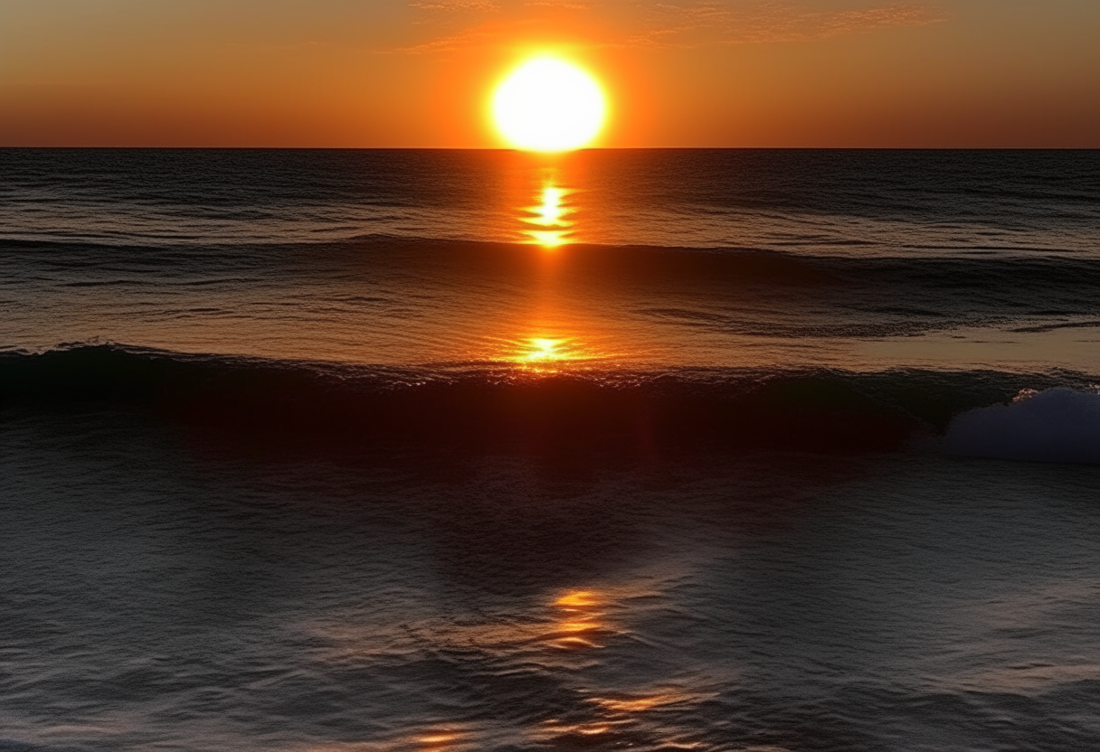 Un hermoso atardecer sobre el mar, con el sol anaranjado bajando en el horizonte y rayos dorados reflejándose en las olas