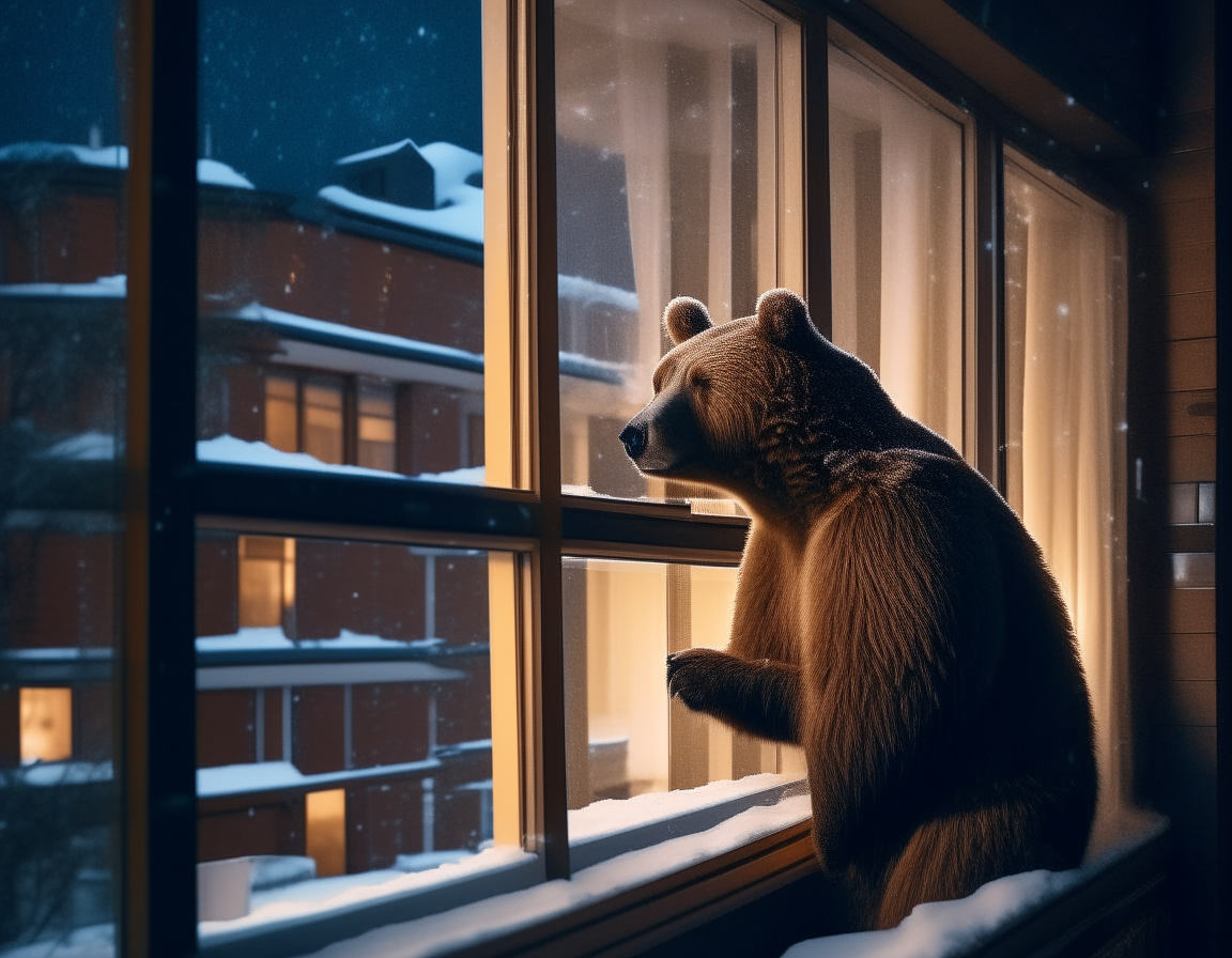 a bear looking up at the only apartment with a light on