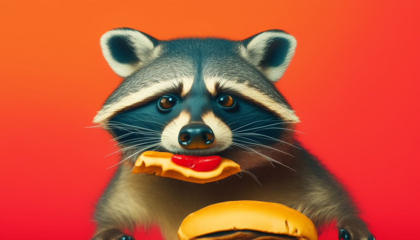 a raccoon eating a hamburger split screen with a bearded man eating a hamburger