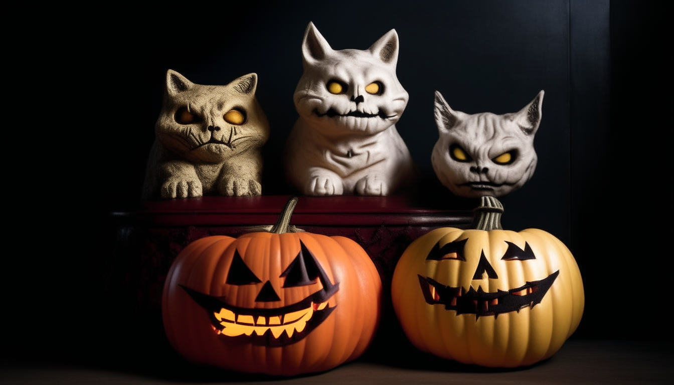 A mummy, a vampire, a necromancer and a zombie stand over a cauldron of blood. Halloween pumpkins shaped like cat heads