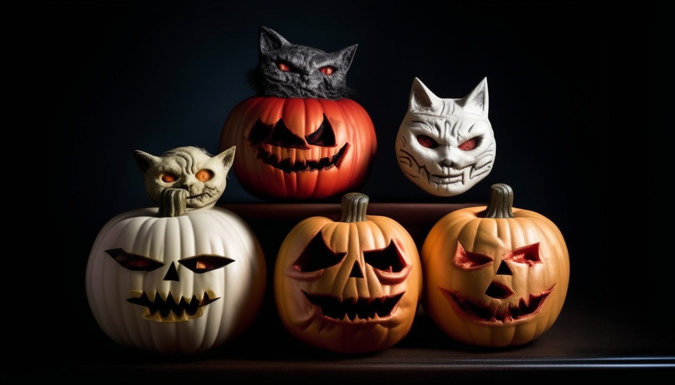 A mummy, a vampire, a necromancer and a zombie stand over a cauldron of blood. Halloween pumpkins shaped like cat heads