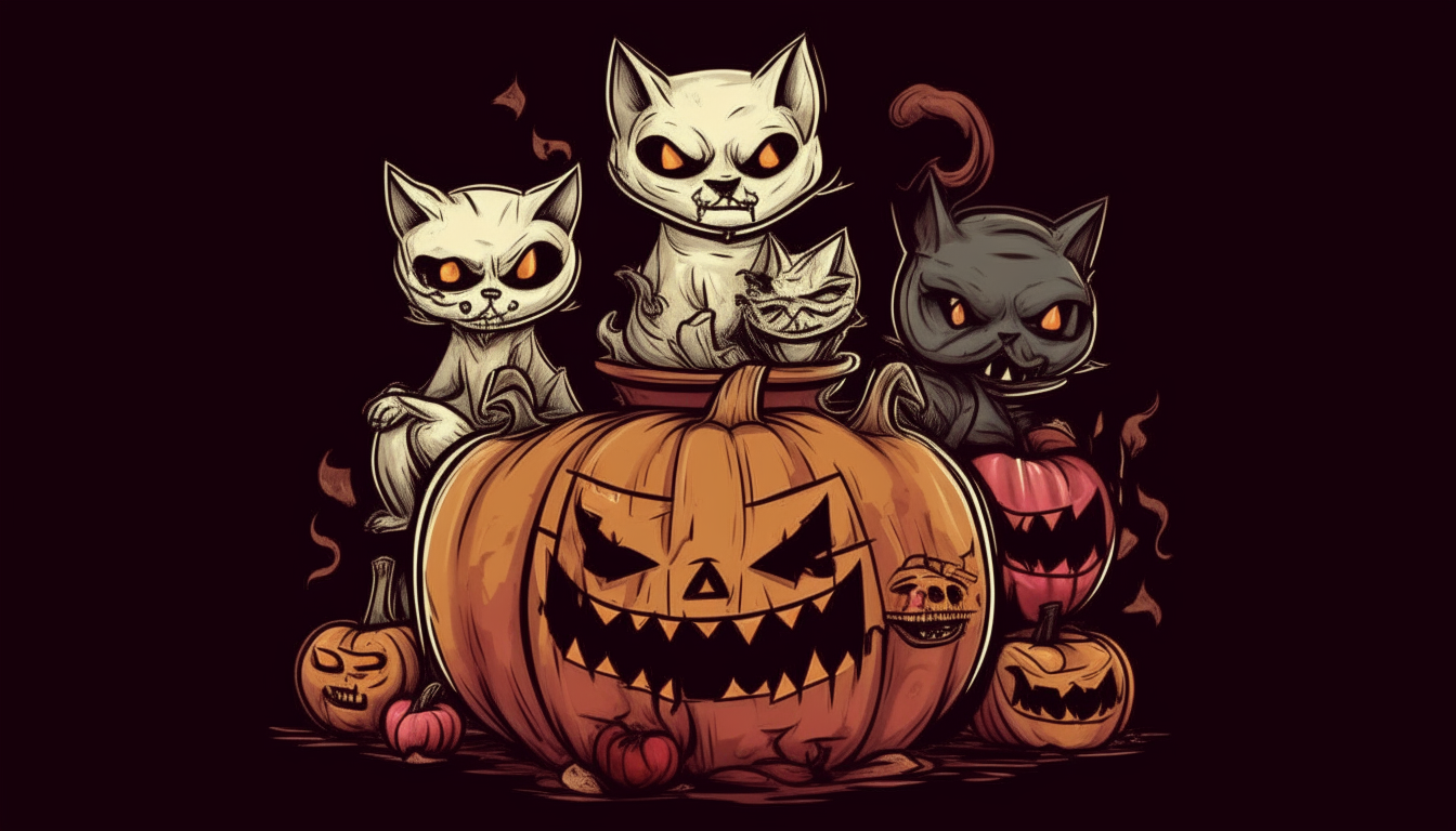 A mummy, a vampire, a necromancer and a zombie stand over a cauldron of blood. Halloween pumpkins shaped like cat heads.
