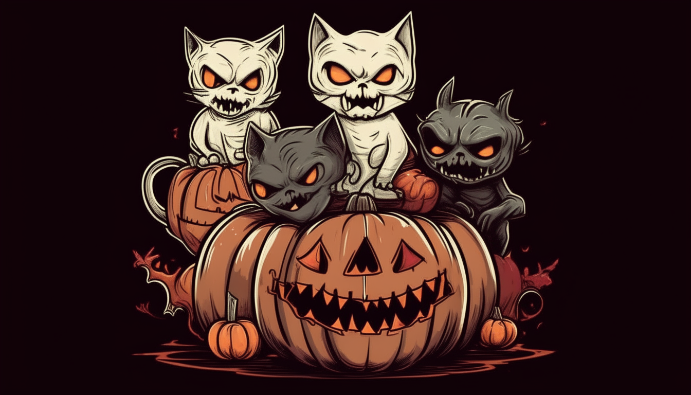 A mummy, a vampire, a necromancer and a zombie stand over a cauldron of blood. Halloween pumpkins shaped like cat heads.