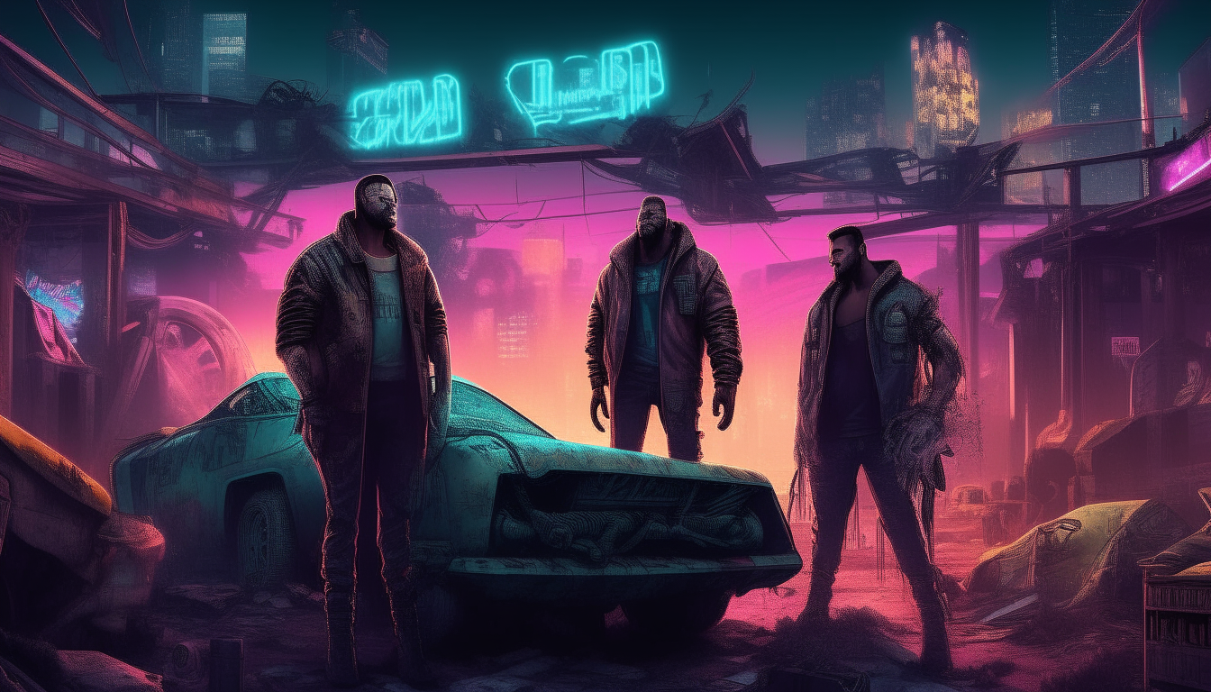 Three men standing in a junkyard full of scrap metal and garbage, with a cyberpunk neon city on the horizon and a glowing neon sign that says DIVINE.
