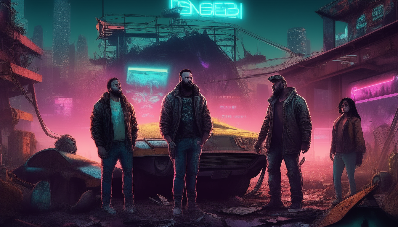 Three men standing in a junkyard full of scrap metal and garbage, with a cyberpunk neon city on the horizon and a glowing neon sign that says DIVINE.