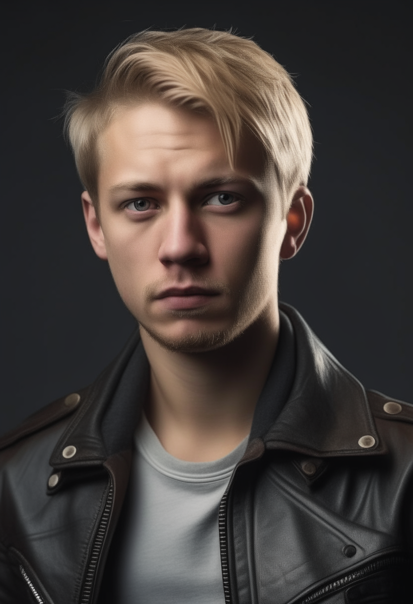portrait of an athletic man in his late 20s with short blond hair and a serious expression. He wears a leather jacket and ripped jeans, gazing moodily at the camera.