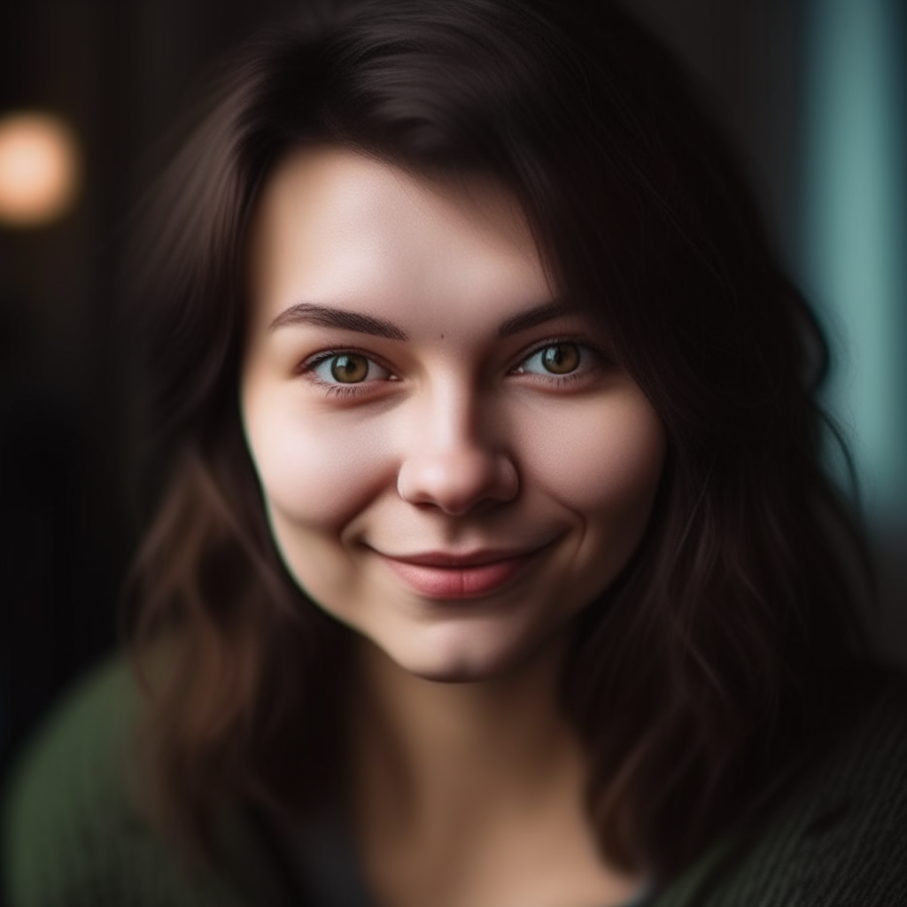 portrait of a beautiful Slavic woman with dark brown hair and light eyes, smiling pleasantly but with a hidden maliciousness