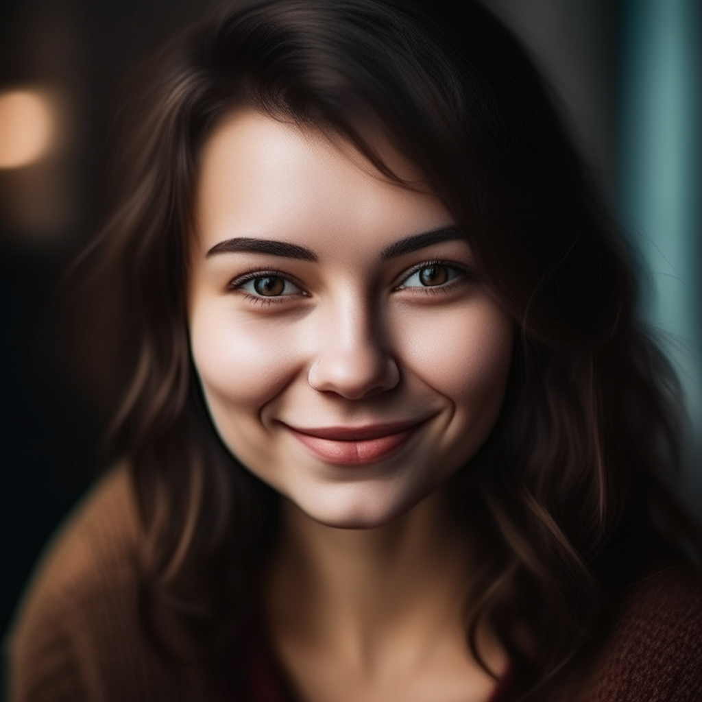 portrait of a beautiful Slavic woman with dark brown hair, light eyes and an oval face, smiling pleasantly
