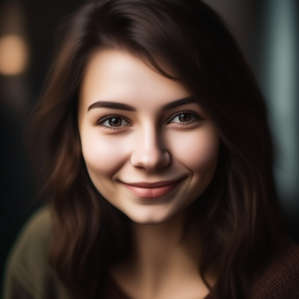 portrait of a beautiful Slavic woman with dark brown hair, light eyes and an oval face with a longer profile, smiling pleasantly