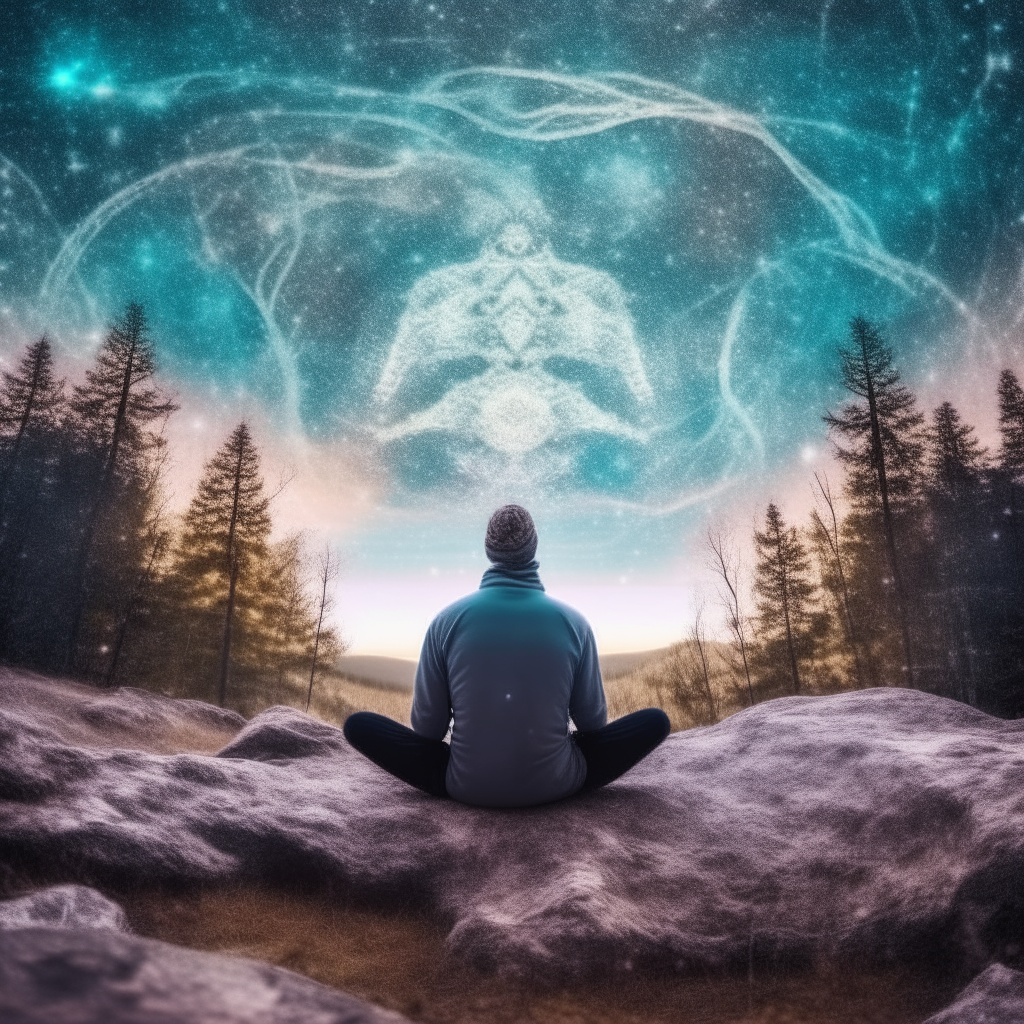 One men sittin and meditating in the crystal forest galaxy on sky