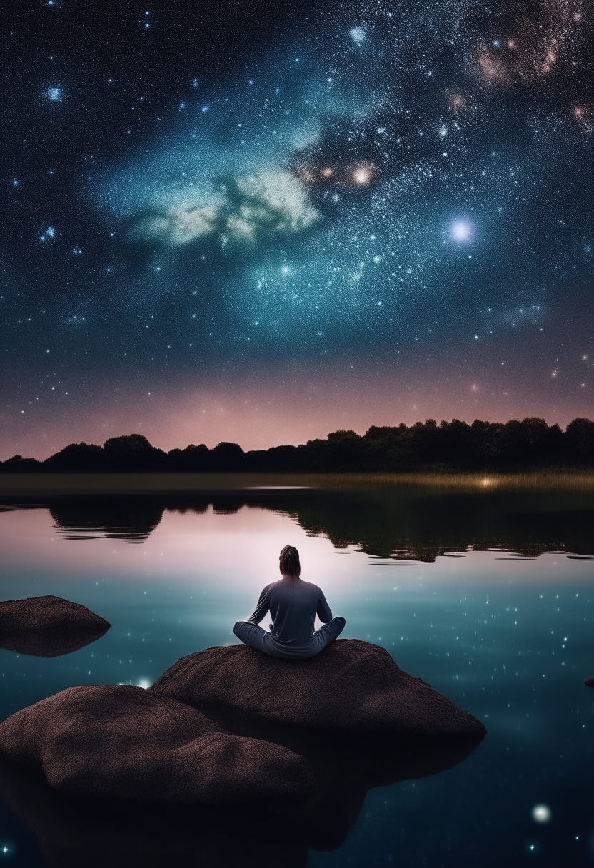 A clear crystals stones in the lake and men sitting and meditating in the bacground and stars and planets and galaxies on sky