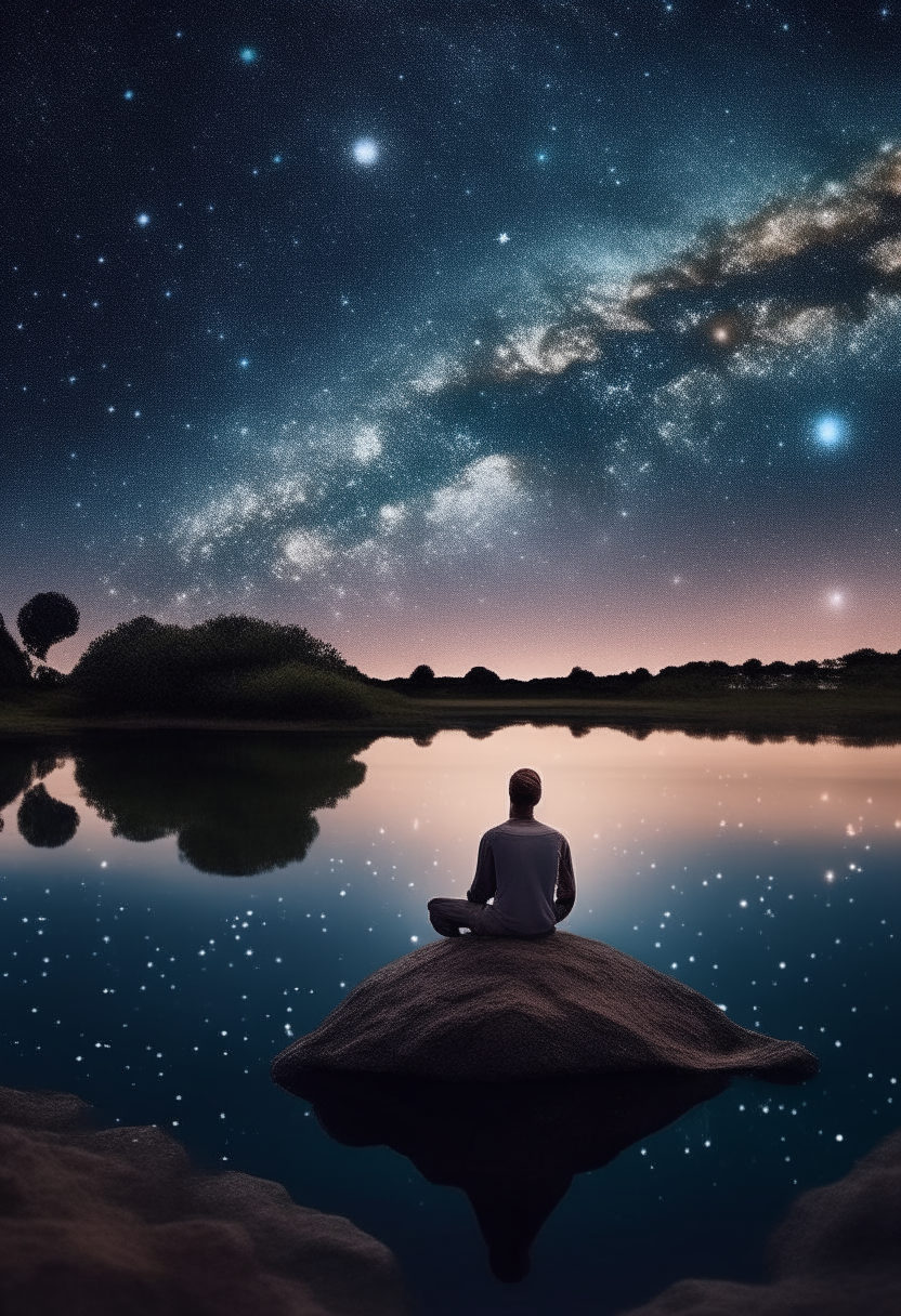 A clear crystals stones in the lake and men sitting and meditating in the bacground and stars and planets and galaxies on sky