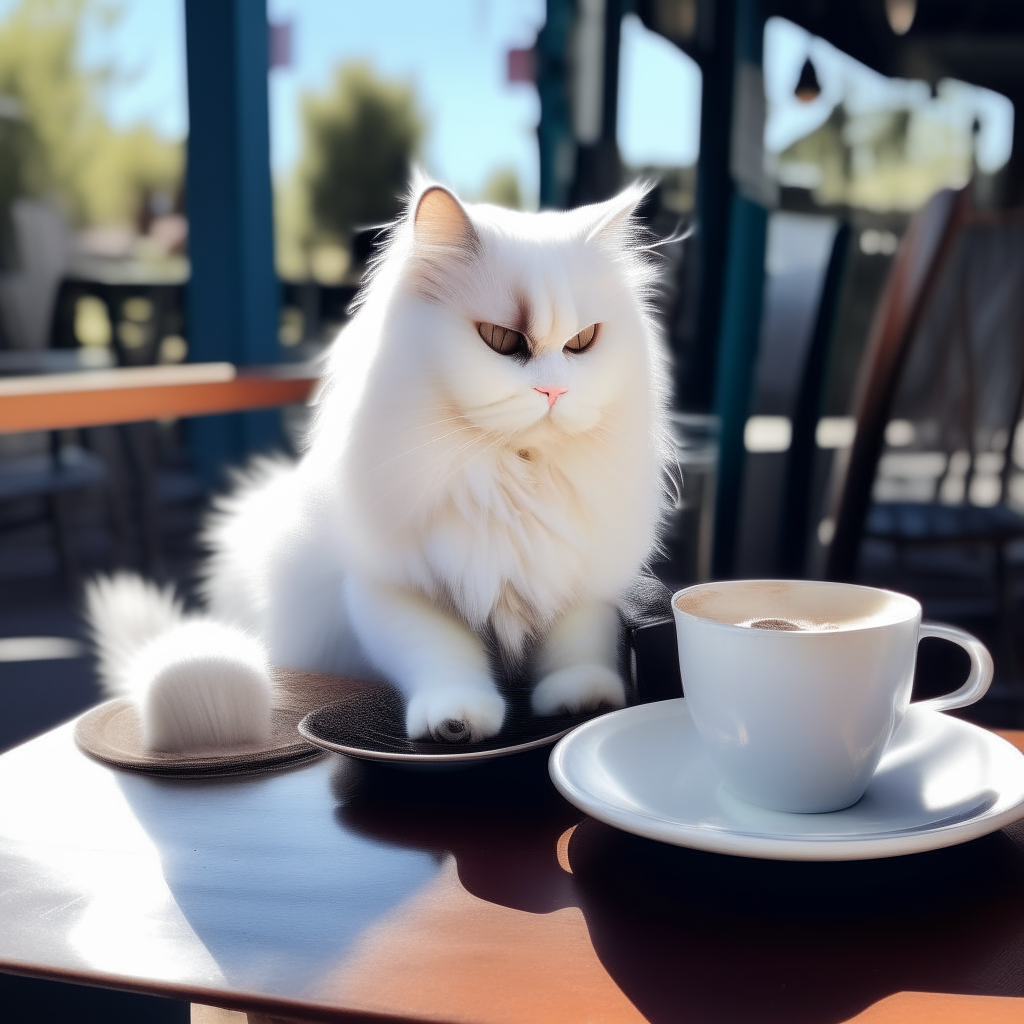 A fluffy white cat with blue eyes sitting at a small bistro table outdoors on a sunny day. In front of the cat is a saucer with a steaming cup of dark roast coffee. The cat is holding the cup gently in its paws and looking happily into the distance as it takes a sip.