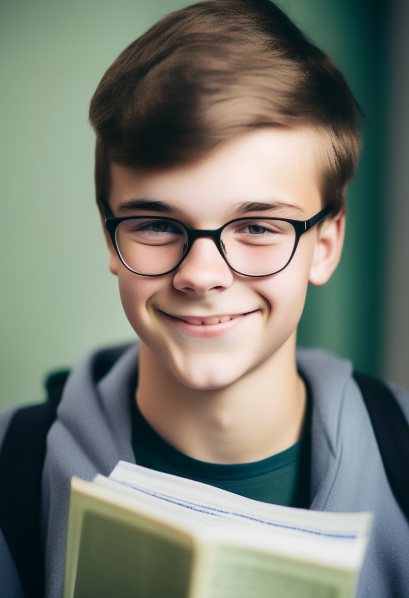 portrait of a teenage boy wearing glasses and holding a science book. He has a friendly smile.